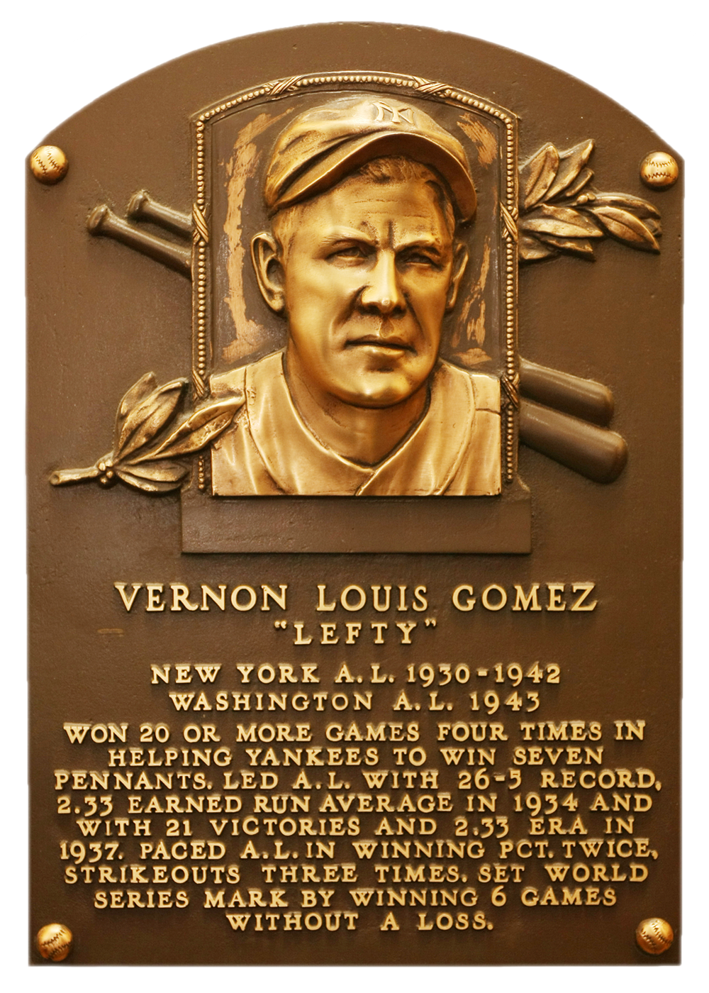 Lefty Gomez Hall of Fame plaque