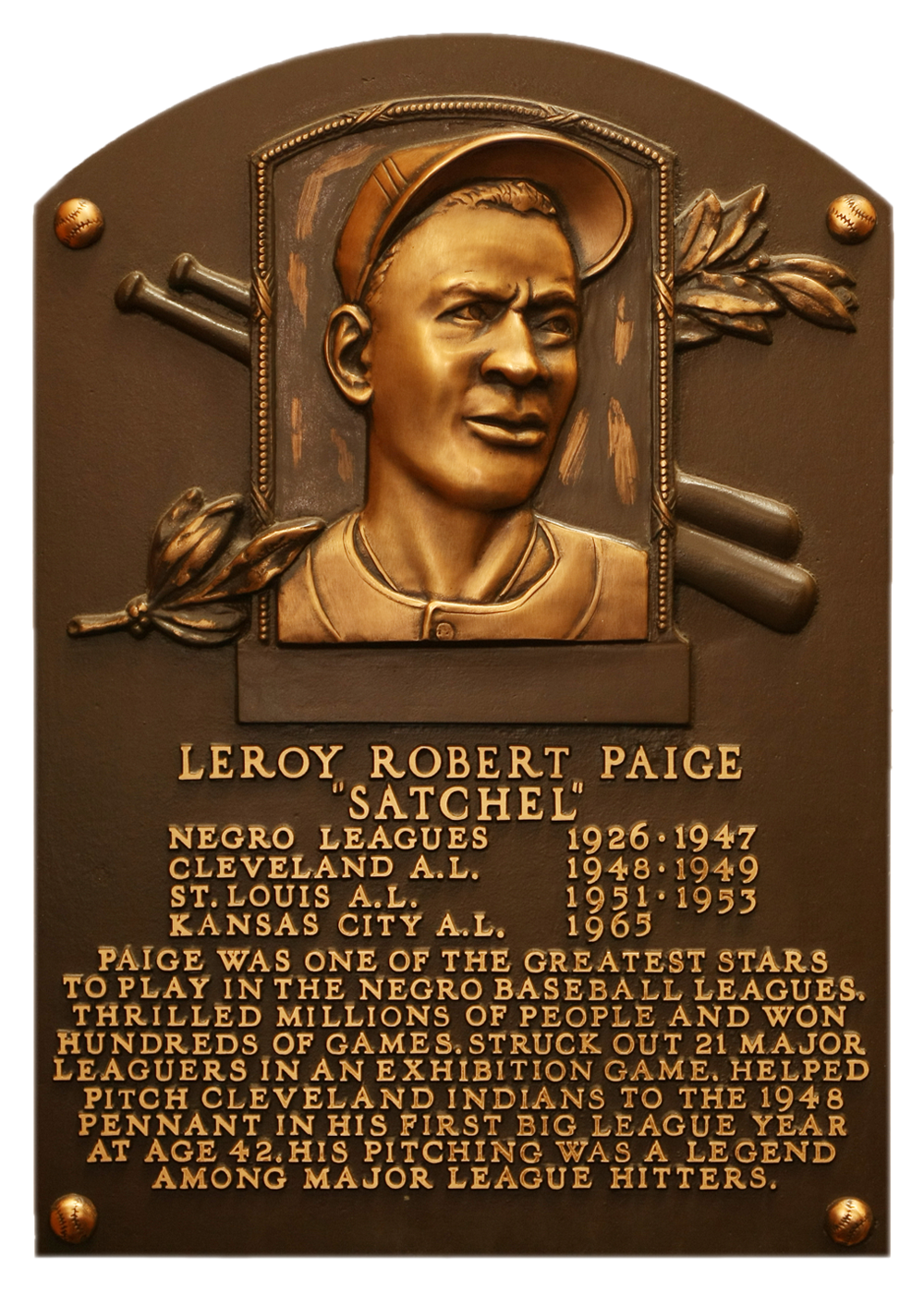 Satchel Paige Hall of Fame plaque