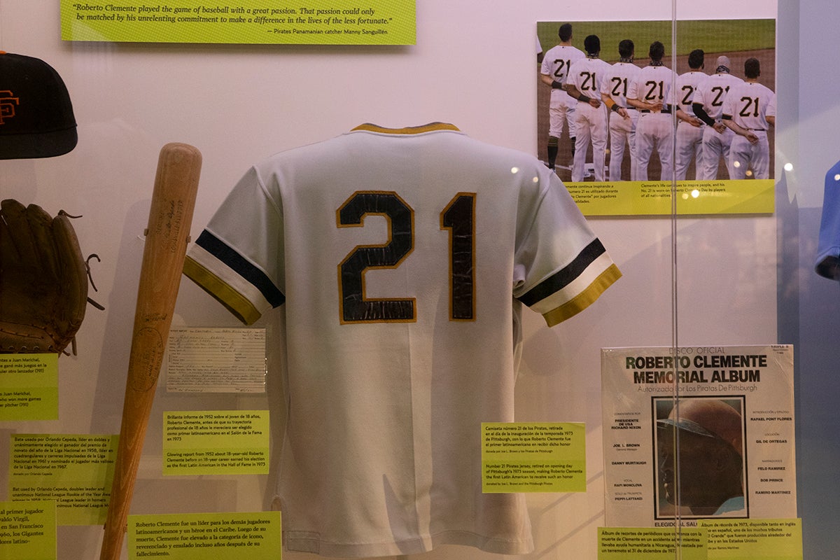 Roberto Clemente's retired number 21 jersey on display