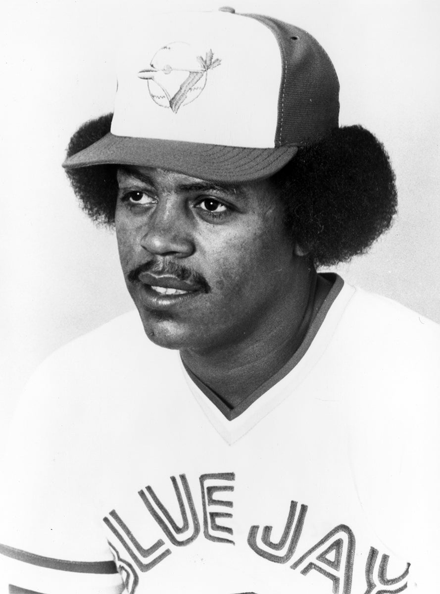 Black and white portrait of Jesse Jefferson in Blue Jays uniform