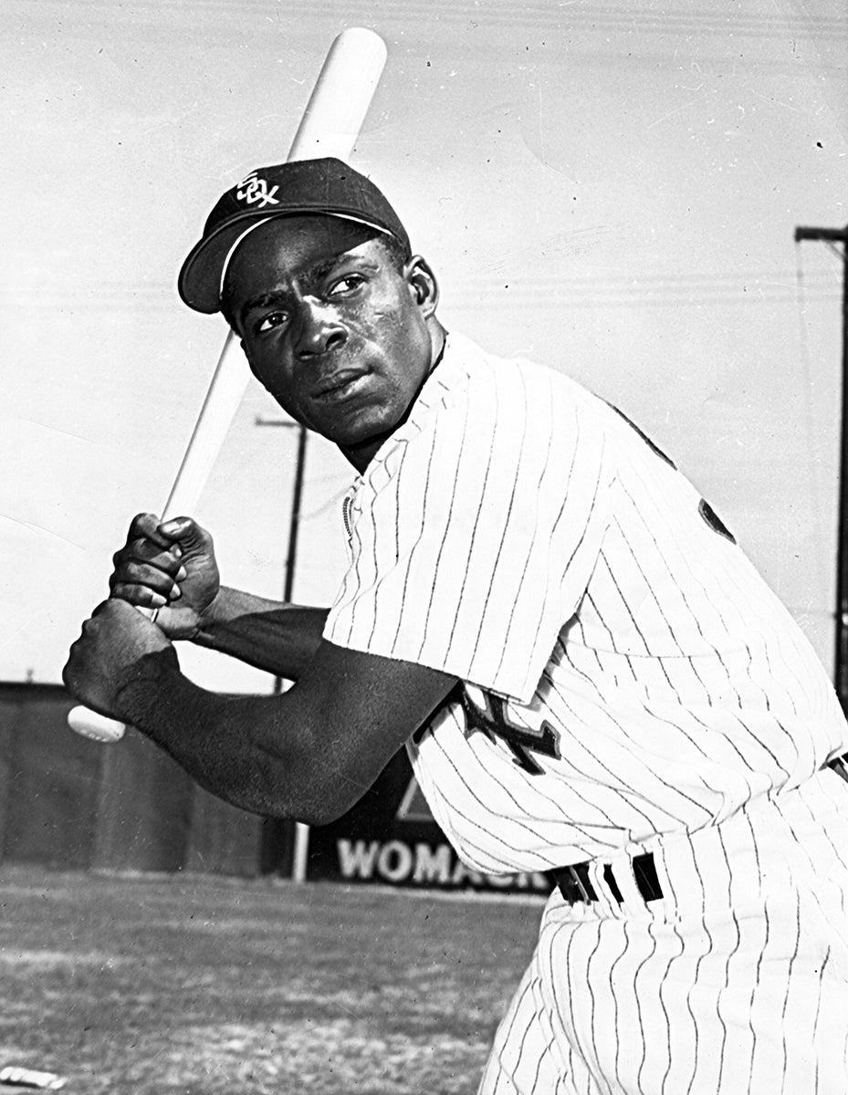 Black and white batting portrait of Minnie Miñoso